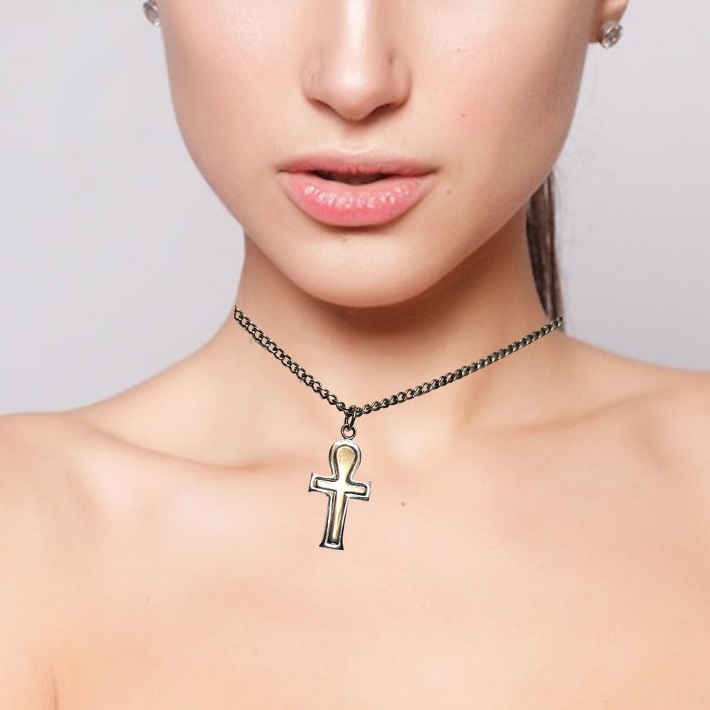 Silver & Gold Tone Ankh Cross Necklace | Two-Tone Religious Pendant